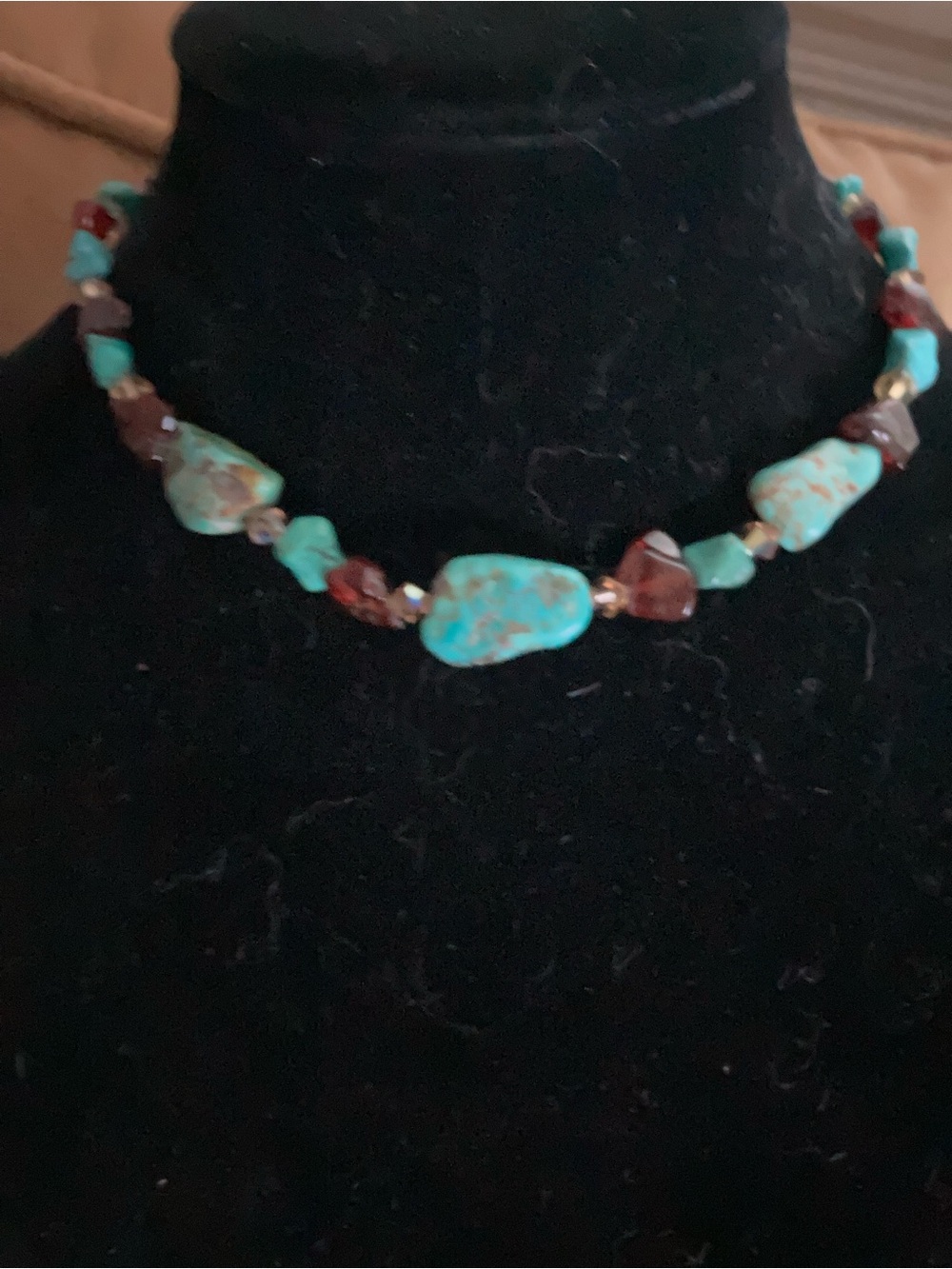 Turquoise, brown amber and crystal necklace